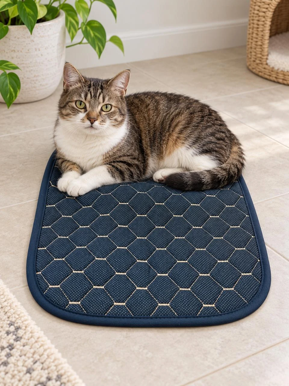 Imagem ilustrativa de um gato sobre o protetor no piso, em um ambiente doméstico