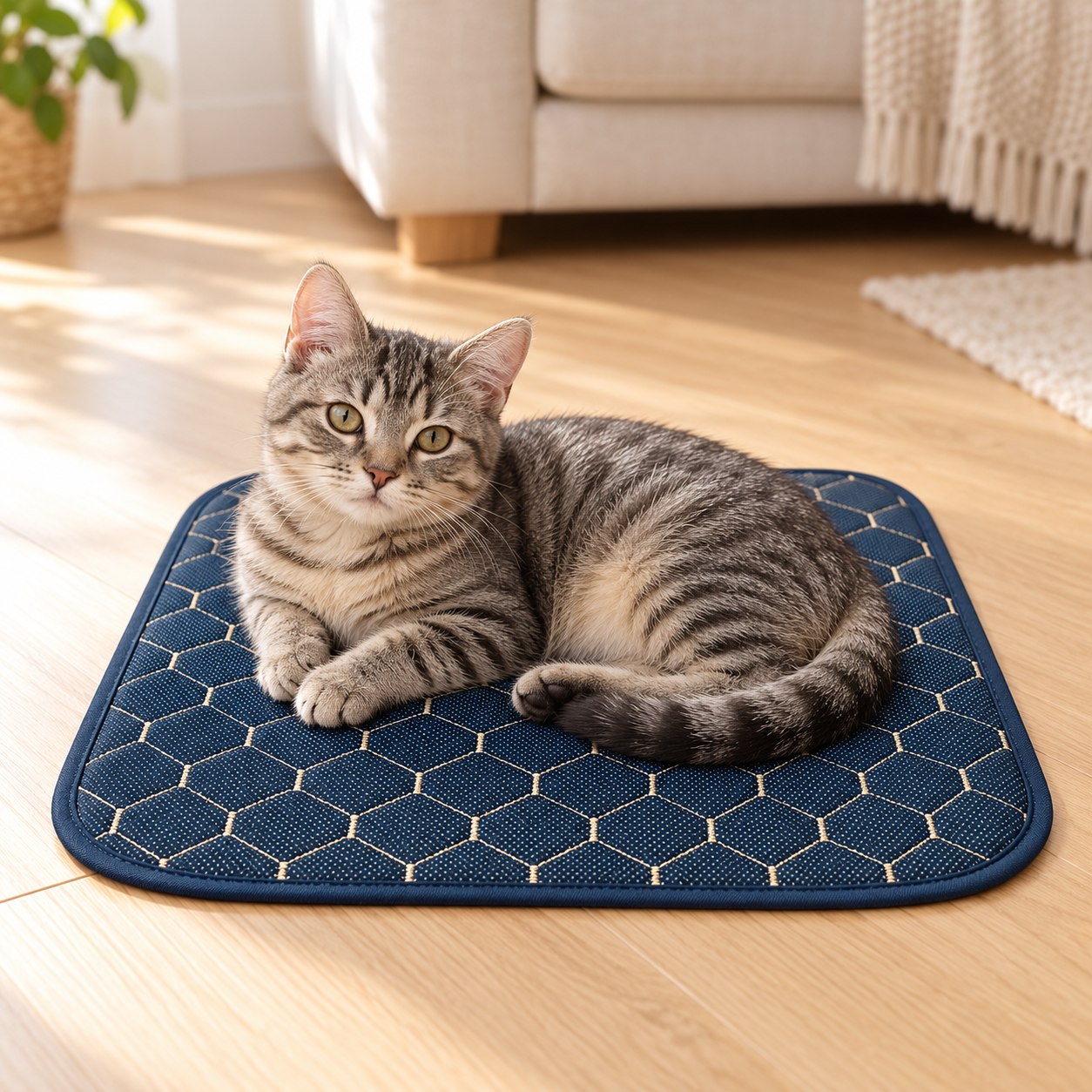 Cena ilustrativa: gatinho deitado em um protetor pequeno azul com desenho hexagonal
